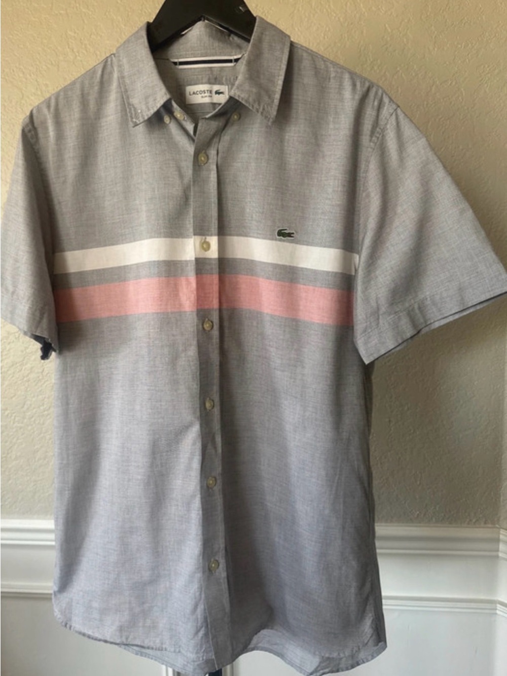 Lacoste Light Gray Short-Sleeve Button-Down with Pink & White Chest Stripes